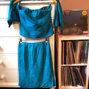 Vintage 90’s Nicole Miller Silk Corset Top Skirt Set Y2k Shaw Teal Blue 4 6 Rare